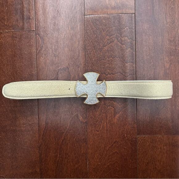 Cecelia Pale Crackled Gold Belt with Gold and Silver Rhinestone Cross Buckle main image 4
